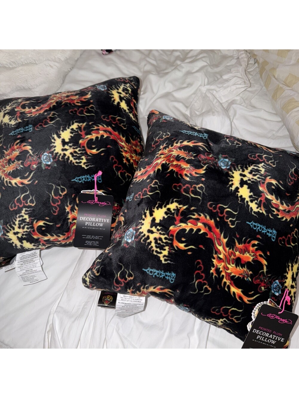 Ed Hardy Printed Plush Decorative Black Hot Flame & Rose Pillows NWT
